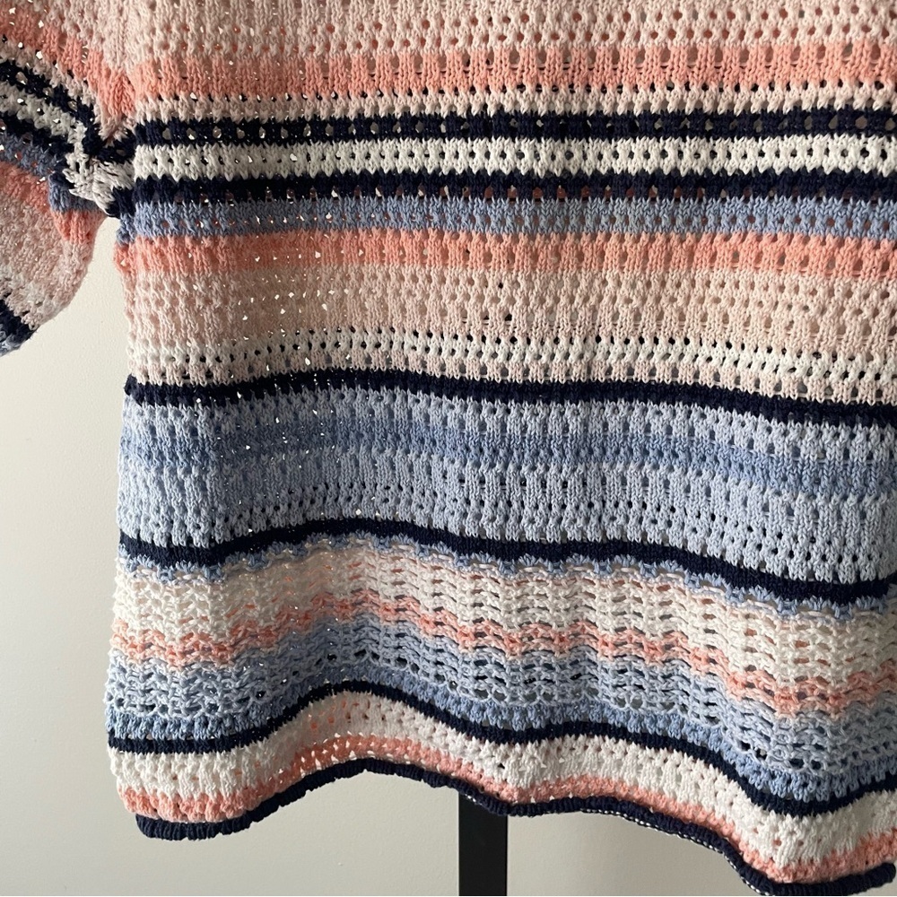 INC Crochet Knit Short Sleeve Sweater Striped Blue White Peach Petite Large - Picture 5 of 8